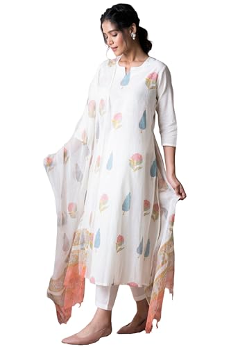 GoSriKi Womens Cotton Blend Straight Printed Kurta with Pant & Dupatta (Nairiti White-GS_S_White_Small)