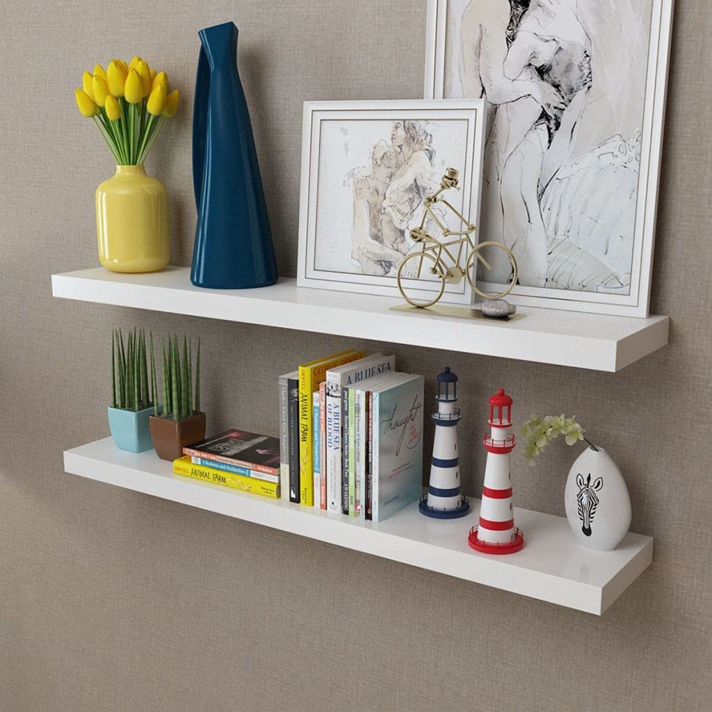 YITHOPI 2 White MDF Floating Wall Display Shelves Book/DVD Storage,Set-Living Room, Bathroom, Kitchen and Bedroom Storage Shelf