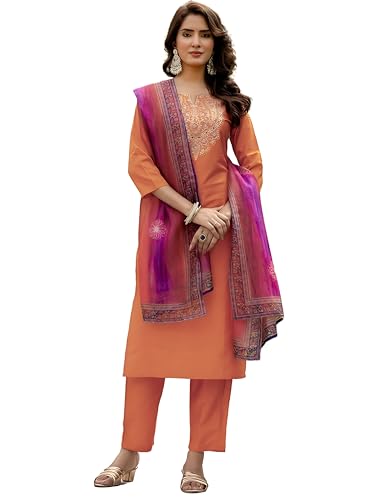 Naixa WomenS Rayon Embroidered Straight Kurta With Pant And Dupatta Sets (Nx2-700-Orange-L)