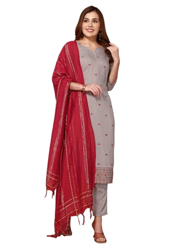 Sanisa WomenS Chinnon Embroidery Work Straight Kurta With Pant And Dupatta Set (54Kbd631Nr-Xxl_Dusty Brown)