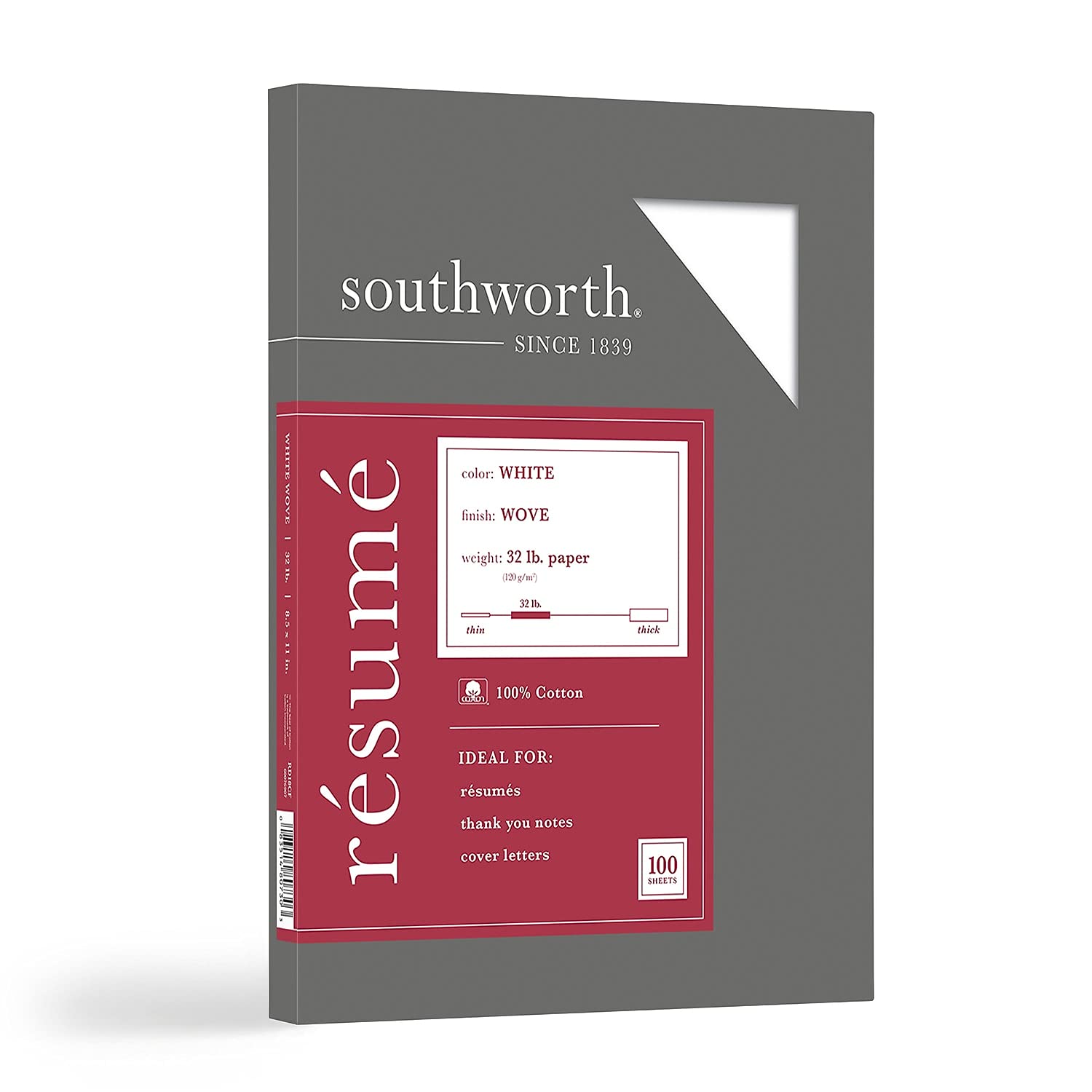 Southworth® 100% Cotton Résumé Paper, 8 1/2 x 11, 32 Lb, 100% Recycled, White, Pack of 100
