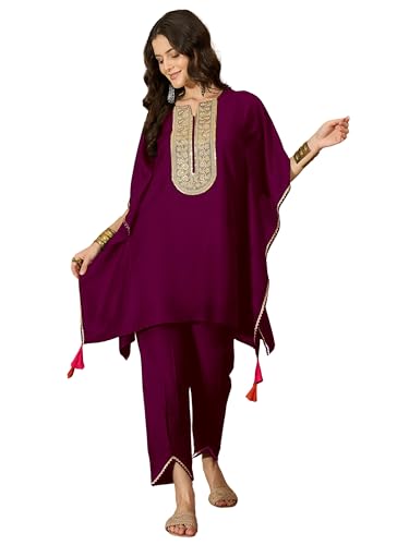 Youthnic WomenS Cotton Silk Embroidered Kaftan Kurta With Pant Set | Co Ord Set For Women Stylish | Kurta Set For Women | Wedding Outfit Wine