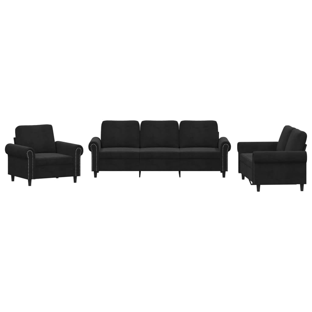 vidaXL Luxurious Black Velvet 3 Piece Sofa Set with Cushions, Comfortable Soft Seating, Modern Design Living Room Furniture Set Condition-New