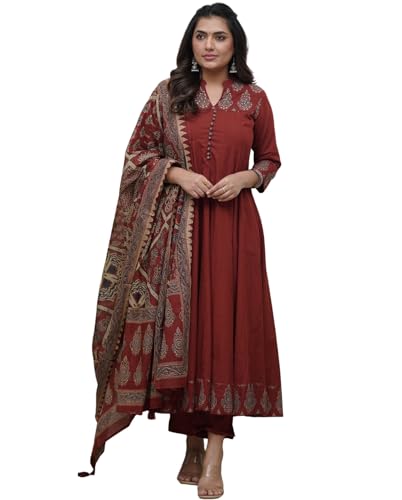Anni Designer WomenS Rayon Viscose Anarkali Printed Kurta Pant With Dupatta (Chami Maroon-Vks01_Xl_Maroon_X-Large)