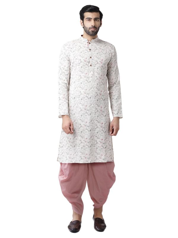 Kisah MenS Kurta Dhoti Set  Multi Cotton Blend  Block Print Long Sleeves Regular Fit Mandarin Collar (Medium)