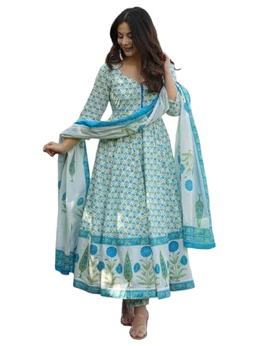 Anni Designer WomenS Rayon Viscose Anarkali Printed Kurta With Pant & Dupatta (Bahurup White-Vks01_Xl_White_X-Large)