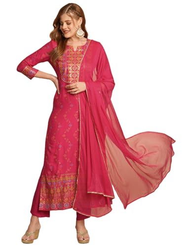 Gosriki WomenS Cotton Blend Straight Printed Kurta With Pant & Dupatta (Kamita Pink-Gs_L_Pink_Large)