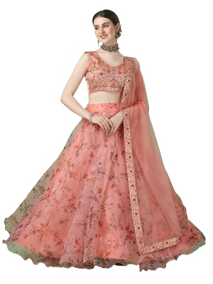 Suppar Sleave WomenS Ethnic Wear Floral Digital Printed Organza Zari Sequin Work Semi-Stitched Lehenga Choli With Dupatta (Orange)