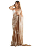 Flosive WomenS Shimmer Organza Sequence Embroidery Saree With Unstitched Blouse Piece (Cream)