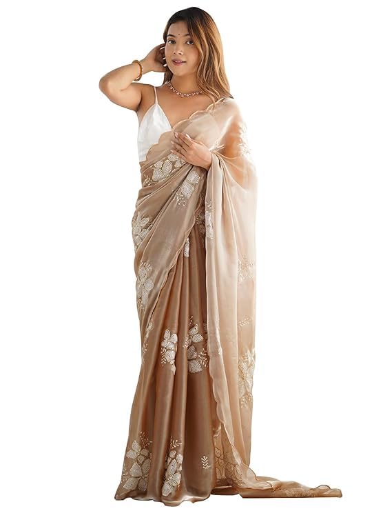 Flosive WomenS Shimmer Organza Sequence Embroidery Saree With Unstitched Blouse Piece (Cream)
