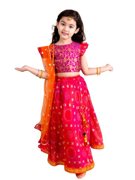 Pspeaches GirlS Pink Orange Polyester Readymade Lehenga Choli Set (Pink-6-7Y)