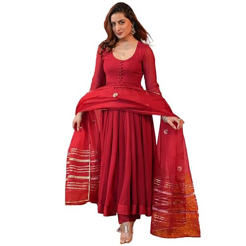 GoSriKi Womens Rayon Blend Anarkali Solid Kurta with Pant & Dupatta (JAYNTI RED-GS_XL_Red_X-Large)