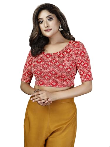 Oomph! WomenS Indian Ethnic Wear Designer Bandhani Wave Pattern Zari Work Boat Neck Half Sleeve Fire Red Color Lycra Readymade Blouse For Saree Or Lehnga And Fusion Twist. Xxl