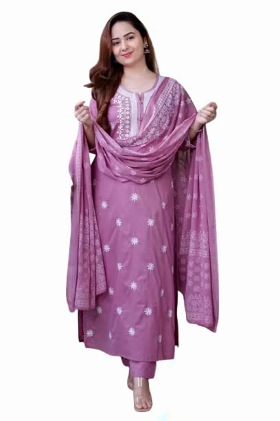 Suppar Sleave WomenS Rayon Embroidered Straight Kurta And Pant With Dupatta Set For Women (Large  Light Purple)