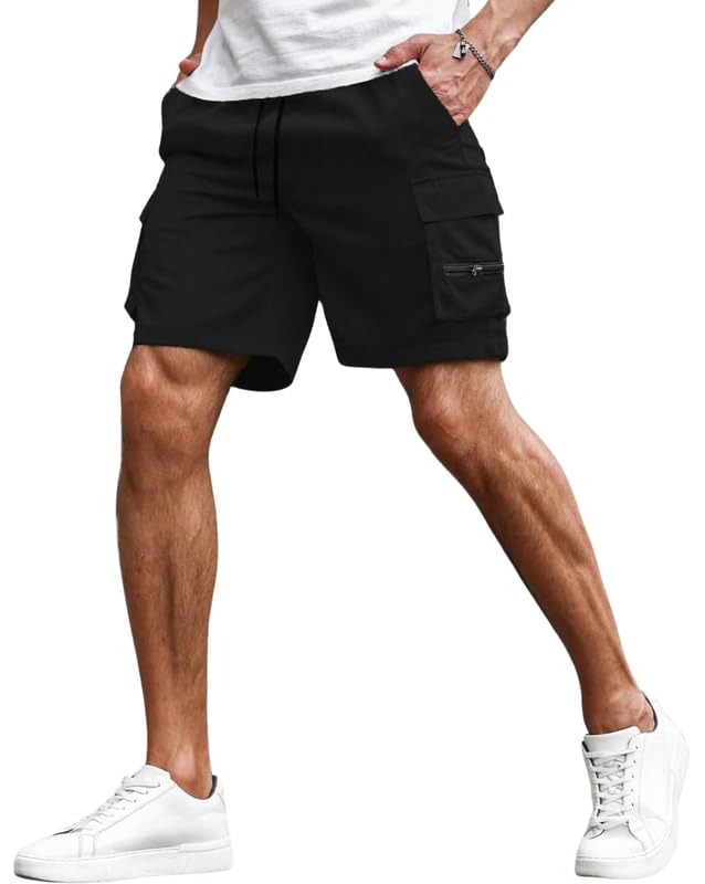 SMOWKLY Mens Cotton Casual Relaxed Regular Fit Camo Cargo Shorts || Drawstring & Elastic Waist Multi Pocket Summer Beach Hiking Outdoor Work Half Pant (1651_BK_32)