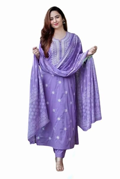 Suppar Sleave WomenS Rayon Embroidered Straight Kurta And Pant With Dupatta Set For Women (Large  Lavender)
