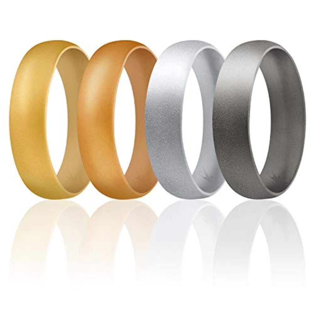 ROQ Silicone Rubber Wedding Ring for Men & Women, Comfort Fit, Unisex, 6mm Wide 2mm Thick, Dome Solid Thin, 4 Pack, Black, Grey, Black Camo, Silver, Size 11 Condition-New