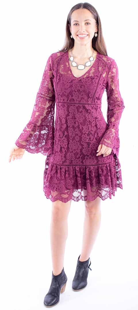 Scully Womens Womens Lace Crochet Bell Sleeve Dress Wine X- US