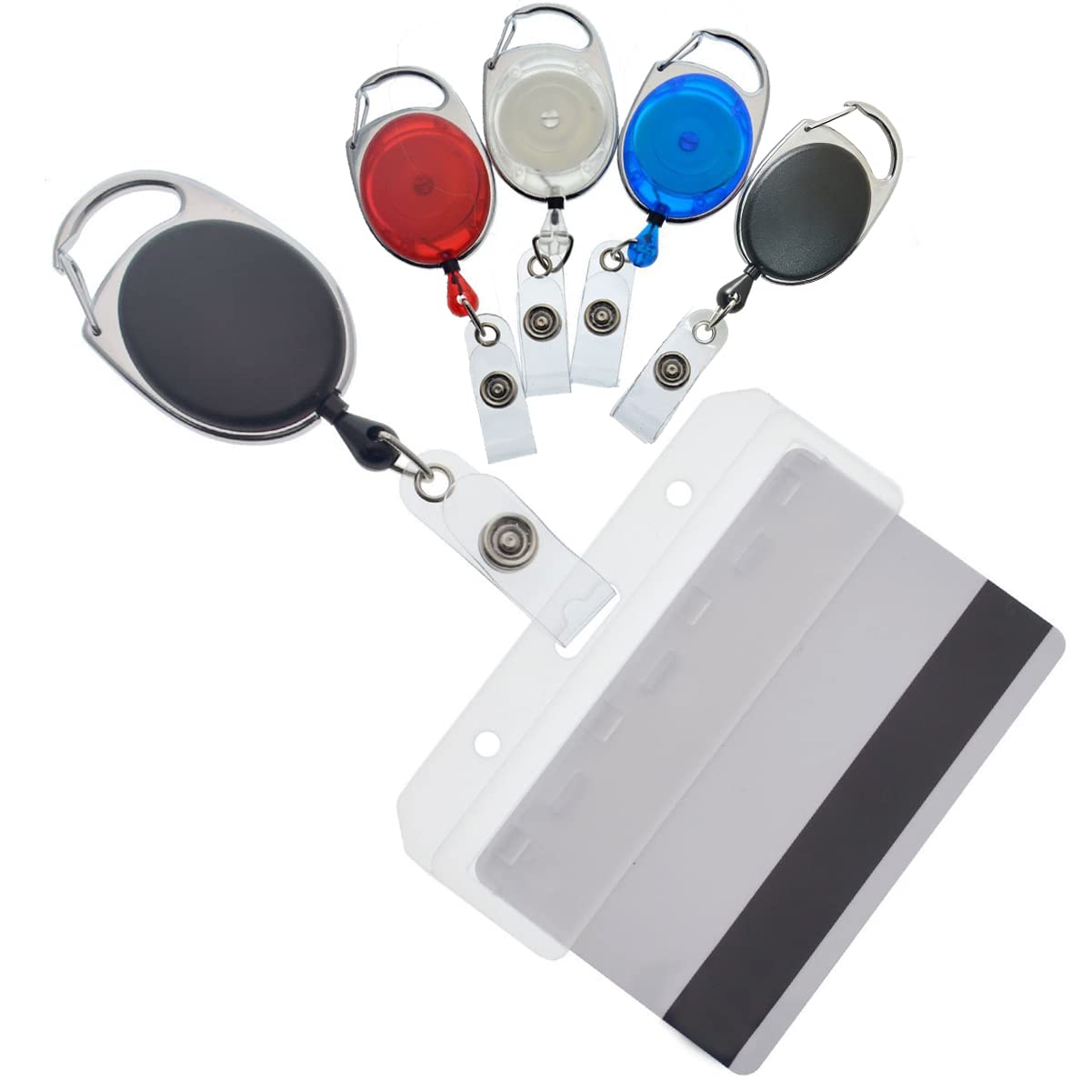 Specialist ID Premium 5 Pack Carabiner Badge Reels with Half Card Holders - Leaves Mag Strip Exposed for Badge Swiping - Secure Swipe Access for POS, Magnetic Stripe Cards (Assorted Colors) Condition-New