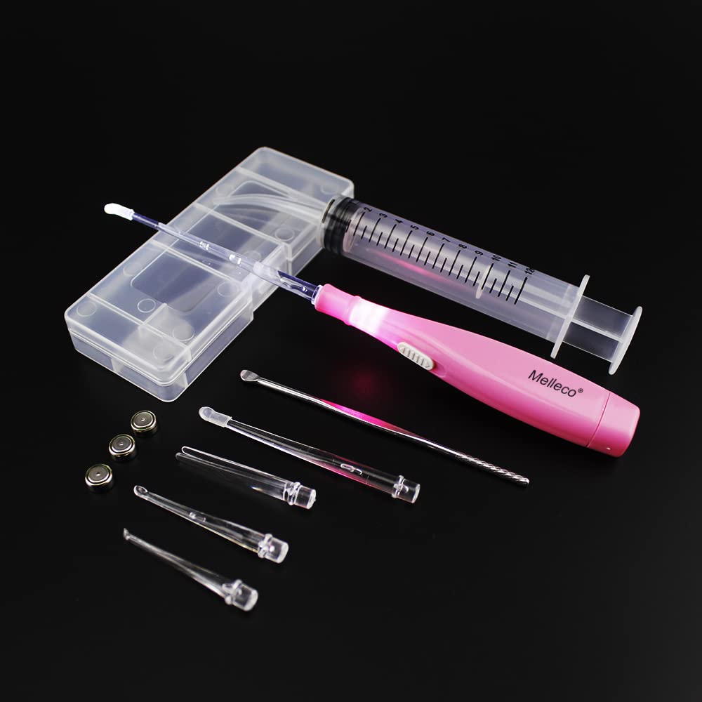 Melleco Lighted Tonsil Stone Remove Tool Pick for Fresh Breath + 1 Cleaning Irrigator Syringe Bad Breath Treatment Condition-New