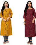 Vinchic A-Line Cotton Embroidery Mustard Kurti||Kurti For Women||Bollywood Kurti/Kurta For Women||Pack Of 2 Kurta