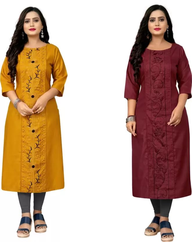 Vinchic A-Line Cotton Embroidery Mustard Kurti||Kurti For Women||Bollywood Kurti/Kurta For Women||Pack Of 2 Kurta