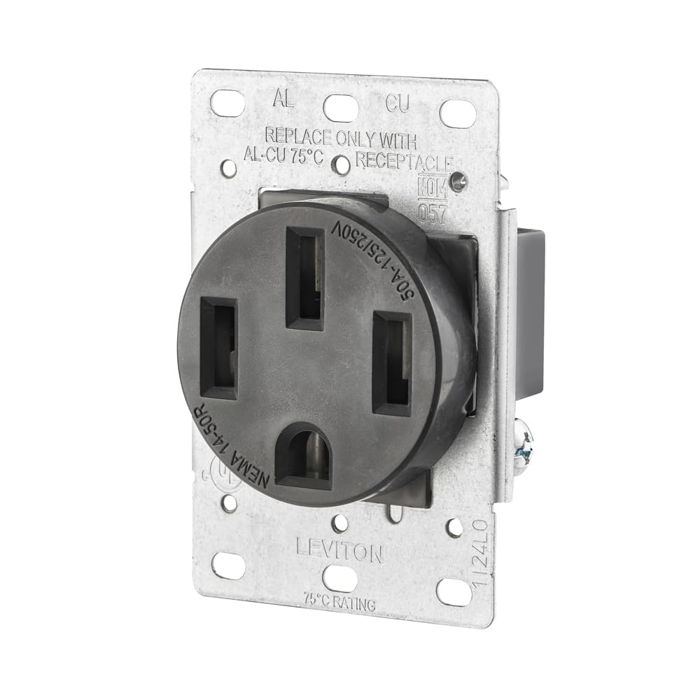 Leviton 279-S00 50 Amp, 125/250V, Nema 14-50R, 3P, 4W, Flush Mounting Receptacle, Straight Blade, Industrial Grade, Grounding, Side Wired, Steel Strap, Black