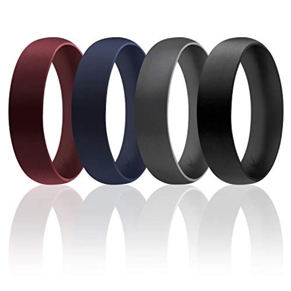 ROQ Silicone Wedding Ring For Men, Set of 4 Affordable Comfort Fit 6mm Manly Metallic Silicone Rubber Wedding Bands - Bordeaux, Blue, Silver, Grey - Size 13 (I0118107) Condition-New