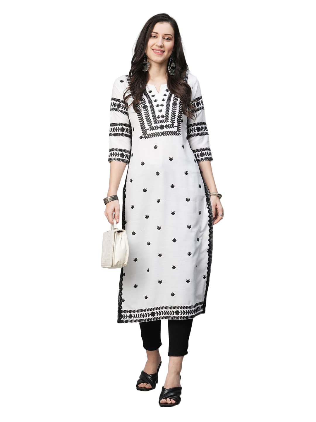 GoSriKi Ladies Cotton Blend Chikankari Embroidered Straight Kurti, White, 48 Condition-Like New