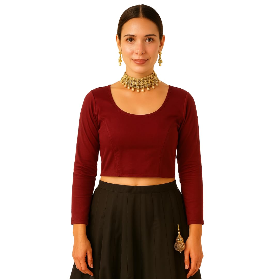 Fressia Fabrics Premium Cotton Round Neck Stretchable Full Sleeve Winter Readymade Saree Blouse For Women Stylish (Maroon  Xxl)