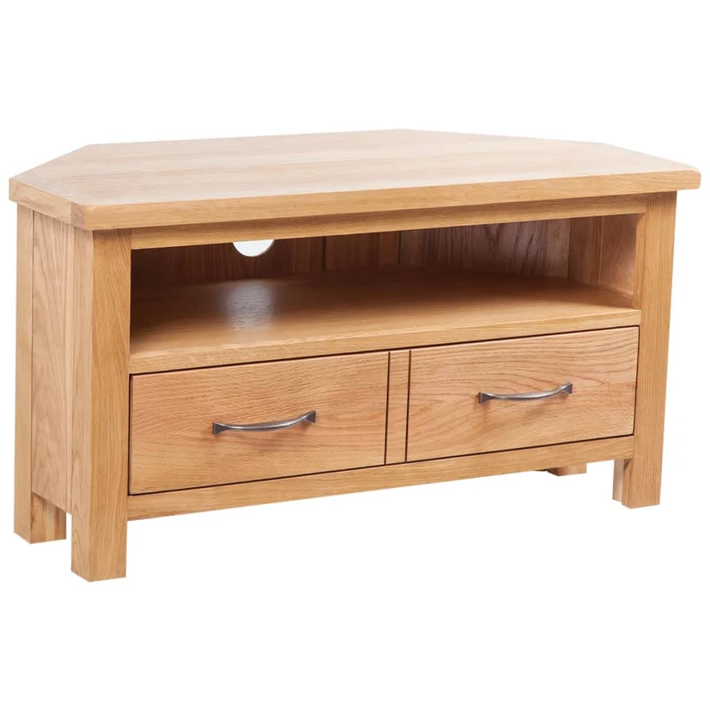 vidaXL TV Stand - Rustic Solid Oak Wood with a Drawer, Cable Outlet, Dual Compartment Design, Smooth Run Handles, and Space for Media Devices - 34.6Inch x 16.5Inch x 18.1Inch Brown-Like New Condition-Like New