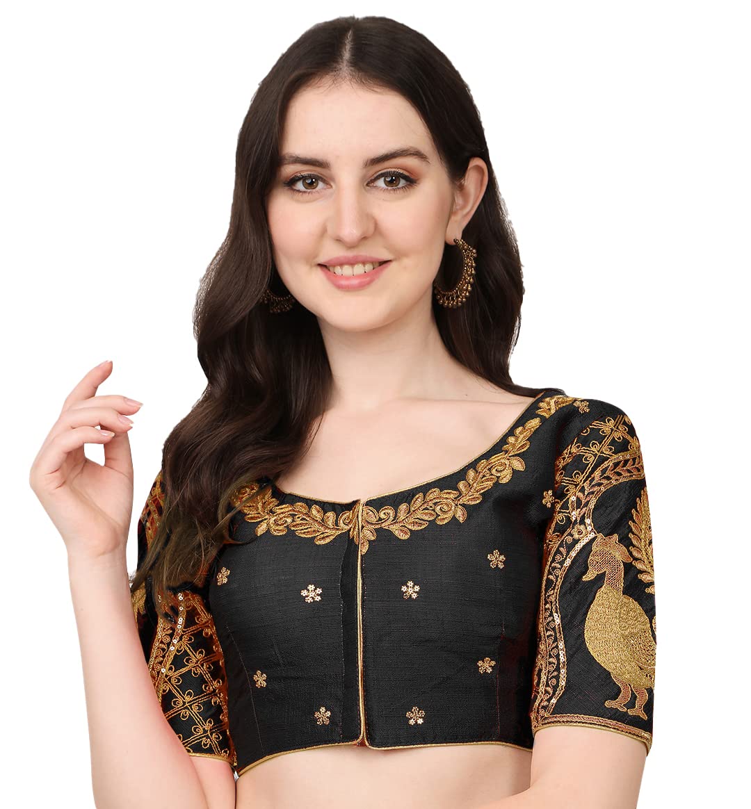Pujia Mills Womens Phantom Silk Embroidery Needlework & Sequins Work Peacock Design Half Sleeve Ready-Made Saree Blouse, pink, 38