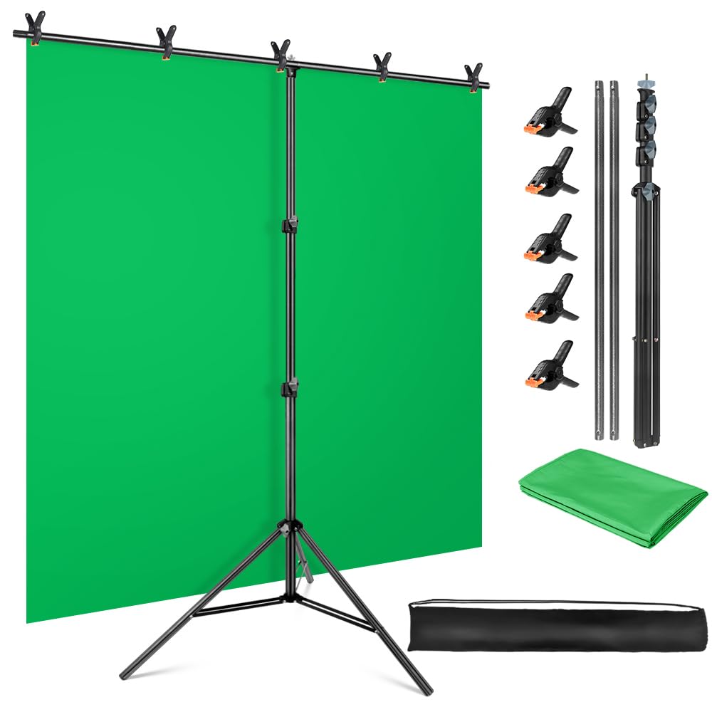 Green Screen Backdrop Kit, 5 x 6.5 ft Portable Chromakey Green Screen with T-Shaped Stand & Carrying Bag & 5 Clamps, Greenscreen Background for Streaming, Gaming, Zoom-Like New Condition-Like New