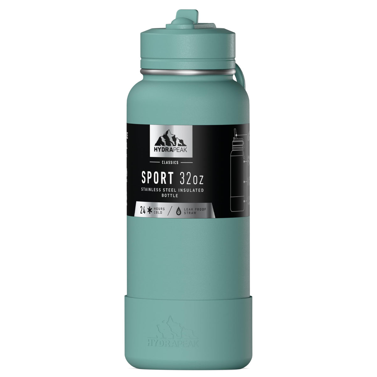 Hydrapeak 32oz Sport Insulated Water Bottle with Straw Lid, Leak & Spill Proof, Keeps Drinks Cold for 24 Hours, Premium Stainless Steel for Work, Gym, On-The-Go (Pale Sage)