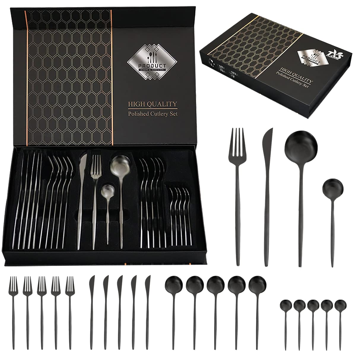 24-Piece Black Silverware Set Black Flatware Set for 6  Stainless Steel Cubiertos Cutlery Set  Forks and Spoons Apartment Utensils Set  Mirror Polished Eating Tableware Set  Dishwasher Safe