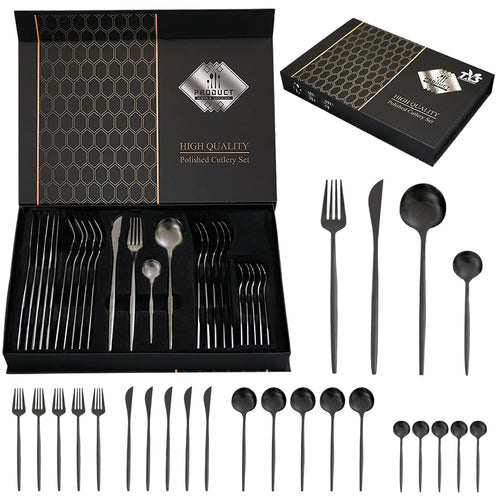 24-Piece Black Silverware Set Black Flatware Set for 6  Stainless Steel Cubiertos Cutlery Set  Forks and Spoons Apartment Utensils Set  Mirror Polished Eating Tableware Set  Dishwasher Safe