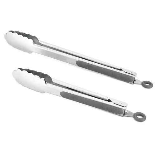304 Stainless Steel Kitchen Cooking Tongs  9 and 12 Set of 2 Sturdy Grilling Barbeque Brushed Locking Food Tongs with Ergonomic Grip  Grey
