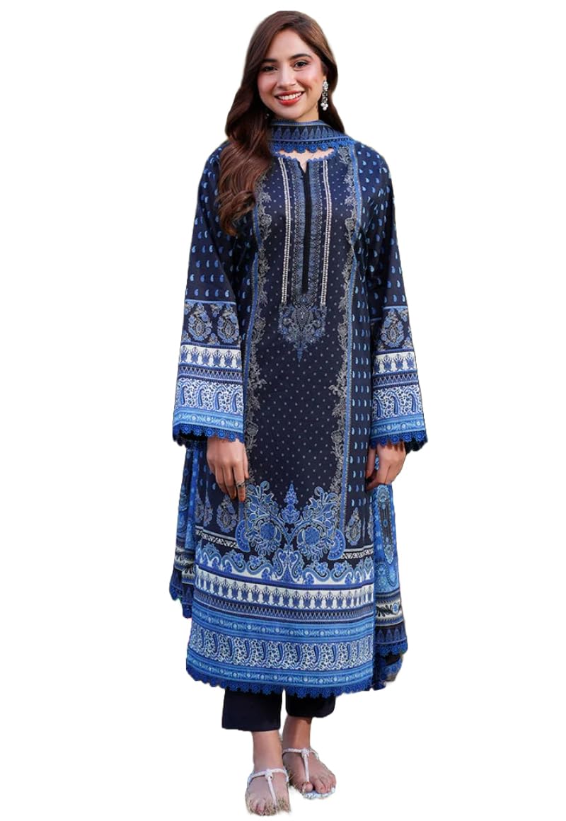 Gosriki WomenS Rayon Viscose Printed Straight Pakistani Suits For Women Kurta Set (Deniz Blue-Gs_L_Blue_Large)