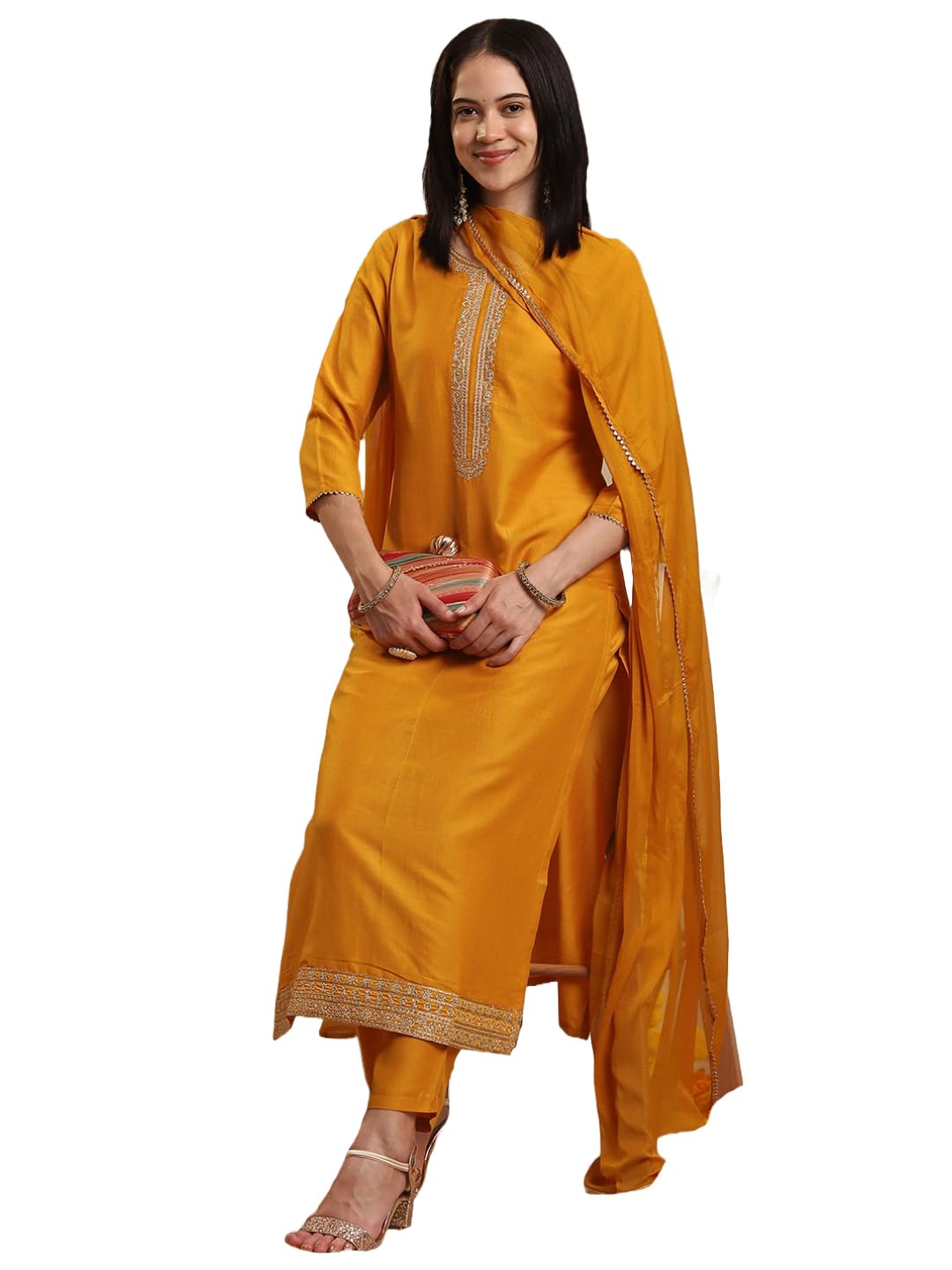 ANNI DESIGNER Womens Rayon Blend Straight Embroidered Kurta with Pant & Dupatta (LIKHA Yellow_L_Yellow_Large)