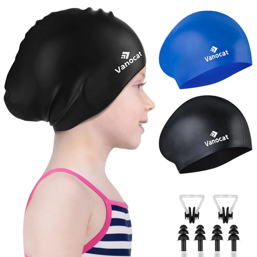 2 Pack Kids Swim Caps for Long/Short Hair  Unisex Silicone Swimming Cap for Age 3-15 Children Toddler Youth Teen  Waterproof Shower Cap Bathing Hats for Girls Boys with Ear Plugs & Nose Clip-1