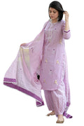 GoSriKi Women's Rayon Blend Hand Printed Straight Kurta with Pants and Dupatta, purple, Small Condition-New