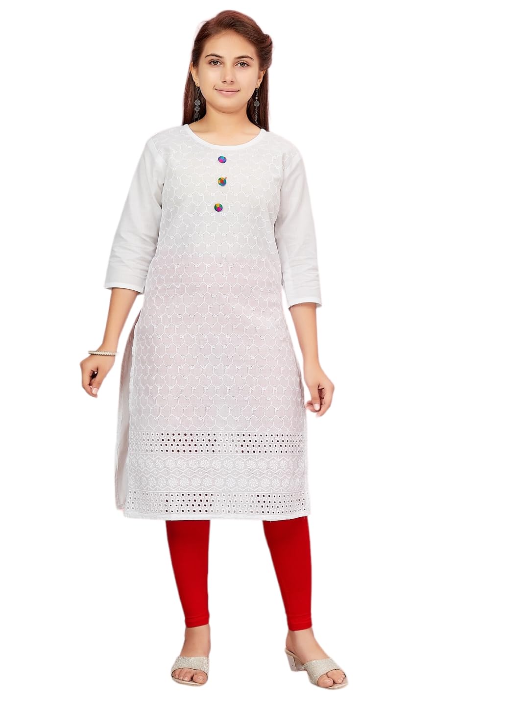 Aarika Girls White Colour Cotton Embroidery Kurti (Kurti-K-181-White-34)