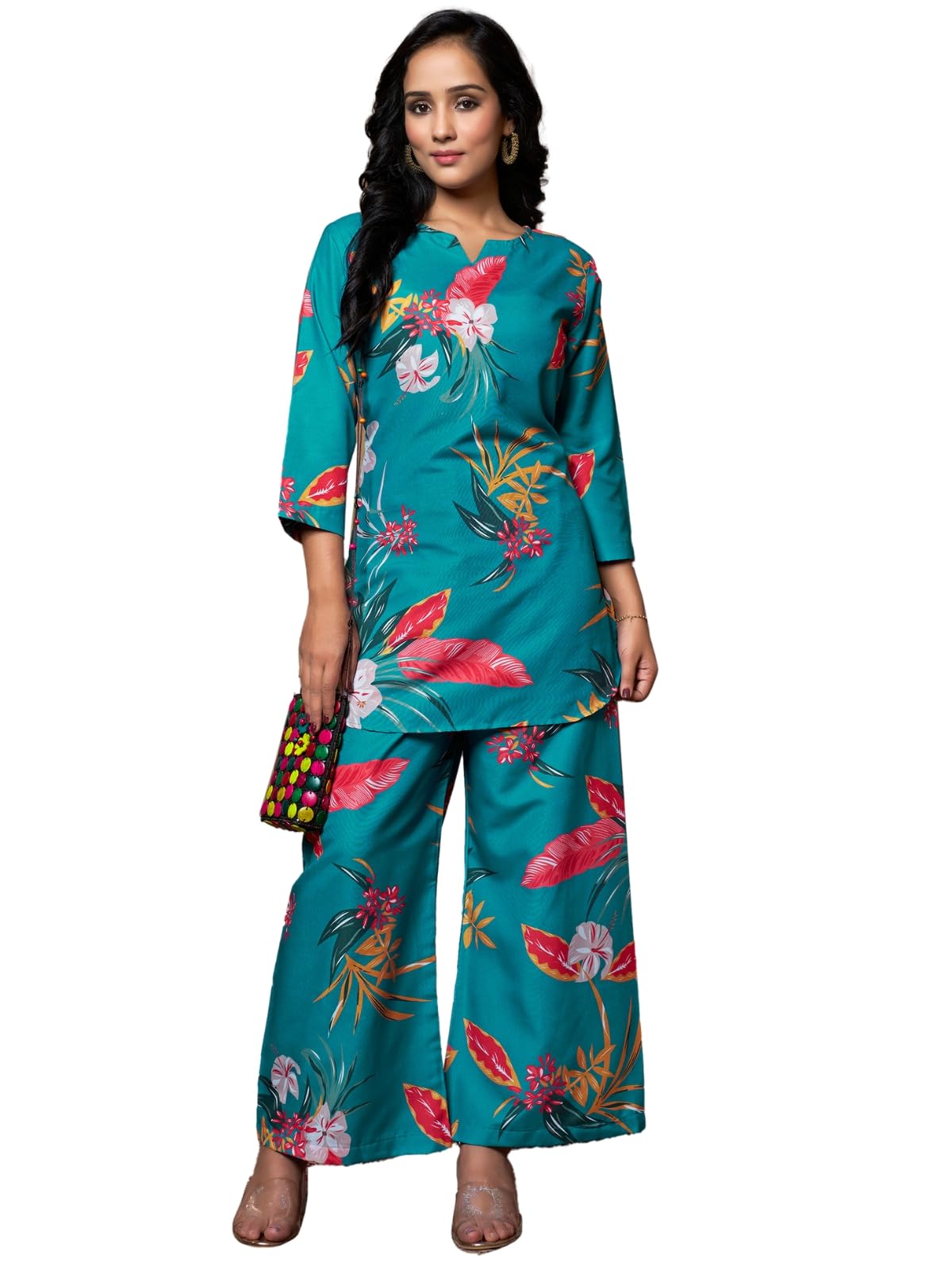 Leriya Fashion Women Ethnic Kurta Set | Rayon Co-Ord Set | Fancy Pajama Set | Pack Of 2 | Floral Printed Top & Pant Set | Full Pair Set | A-Line Kurta Set (Large  Turquoise) Lf-K-W1854&Tr911