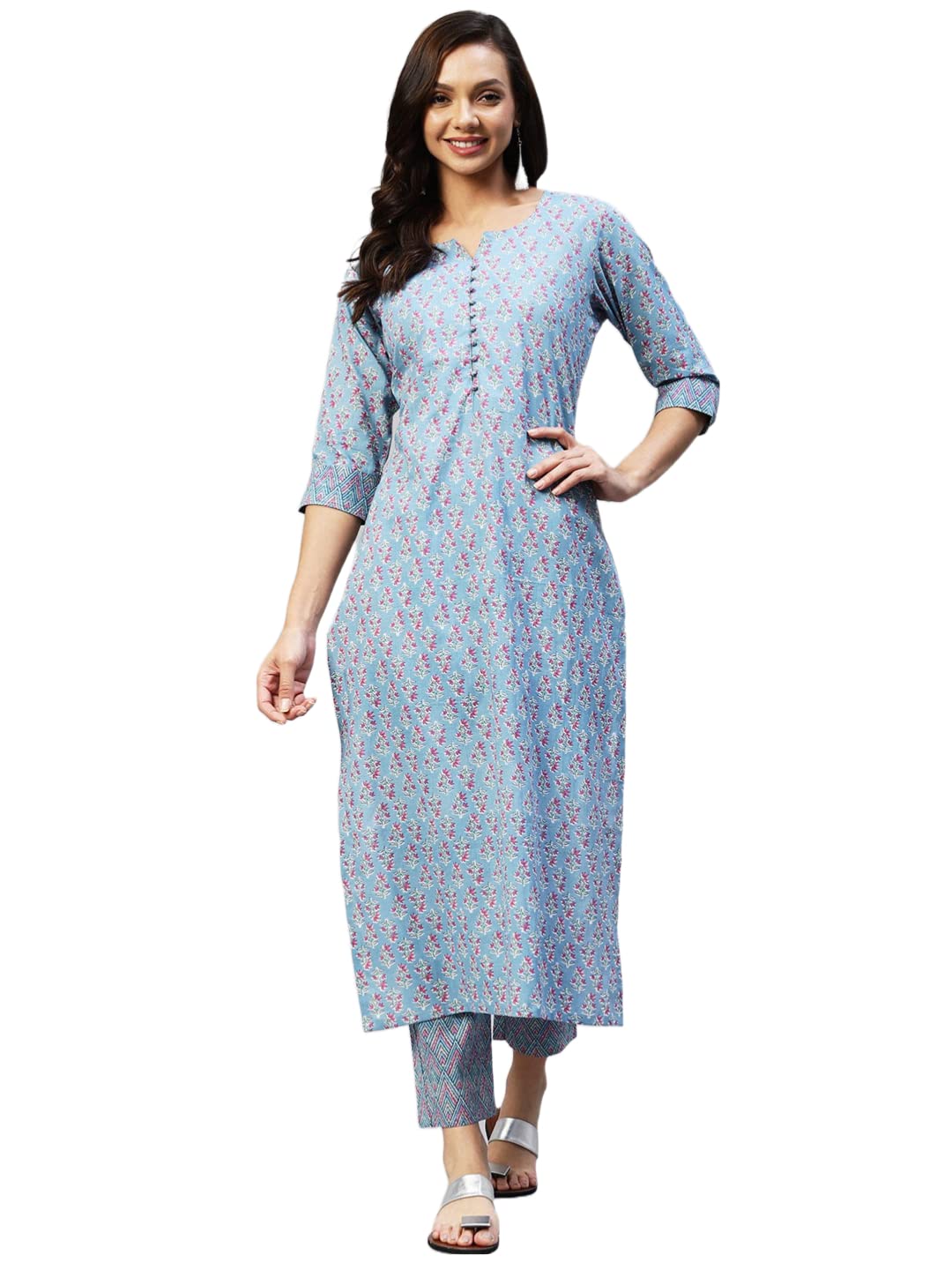 GoSriKi Women s Kurta with Trousers  Light Brown::Blue  L