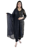 ANNI Designer Womens Rayon Viscose Print Straight Kurta with Trousers & Dupatta, Black, XX-Large