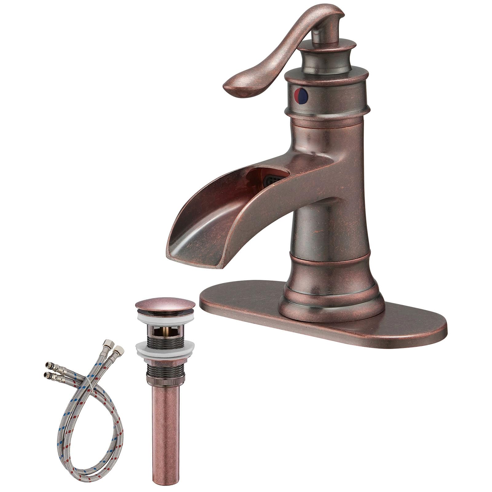 BATHLAVISH Copper Bathroom Faucet  Farmhouse Bathroom Faucet  Waterfall Bathroom Sink Faucet  Single Hole Single Handle Vintage Antique Lavatory Vanity with Pop Up Drain with Overflow Condition-New