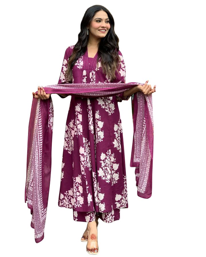 Toochki Womens Rayon Viscose Anarkali Printed Kurta with Palazzo & Dupatta Wine