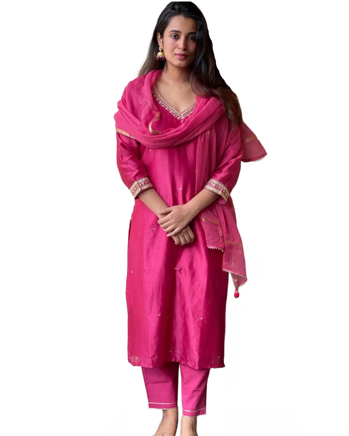 GoSriKi Womens Cotton Blend Kurta with Pant & Dupatta (BAGICHA-Rani-GS_Pink_XX-Large)