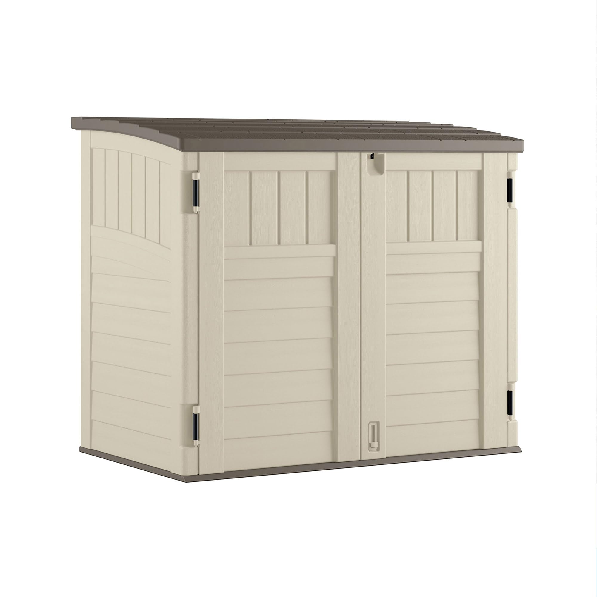 Suncast 34 Cu Ft Horizontal Resin Plastic Storage Shed - Outdoor Storage Shed with Floor Included, Lockable, Weatherproof, Fits Small to Medium Trash Cans, Generators, & Garden Tools, Vanilla Stoney Condition-New