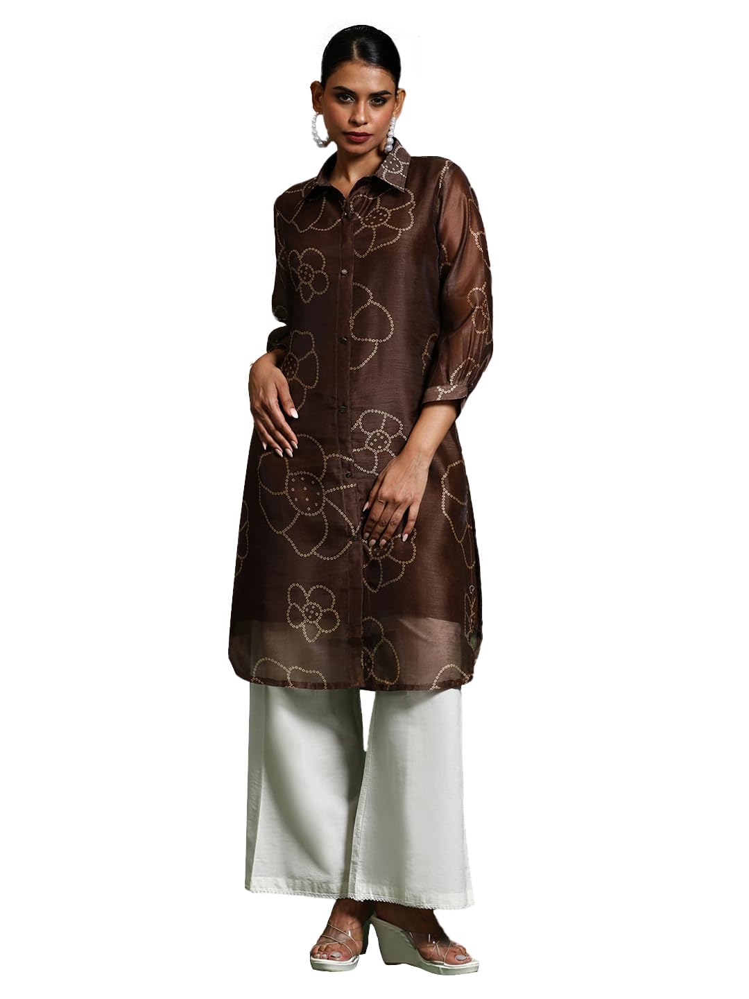 Varanga Womens Bandhani Floral Print Kurta Shirt, Brown, XL